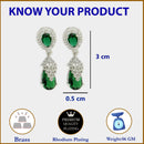 Rhodium Plated Teardrop Green AD Contemporary Drop Earrings