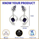 Rhodium-Plated Navy Blue American Diamond studded Square & Leaf Shaped Drop Earrings