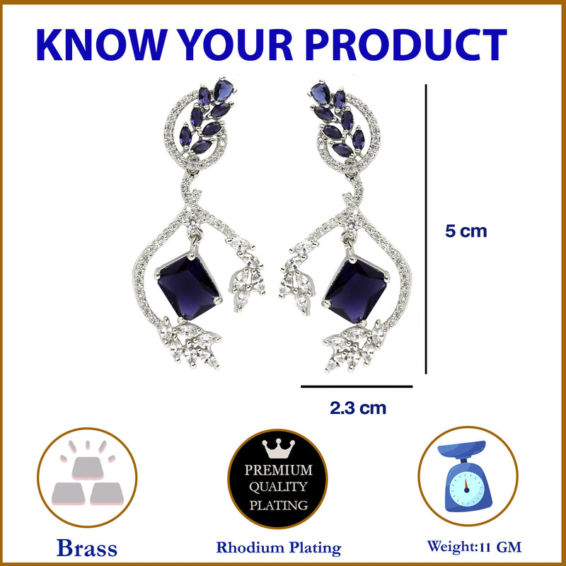 Rhodium-Plated Navy Blue American Diamond studded Square & Leaf Shaped Drop Earrings