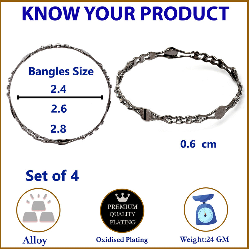 Oxidised Silver-Plated Black Toned White American Diamond studded Temple Coin Bangles Jewellery Set (Set Of 4)