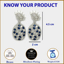 Rhodium Plated Teardrop Blue American Diamond Contemporary Long Drop Earrings