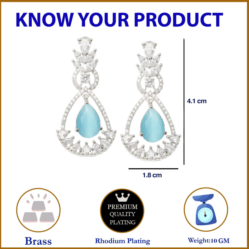 Rhodium-Plated Sky Blue American Diamond studded Teardrop & Leaf Shaped Drop Earrings