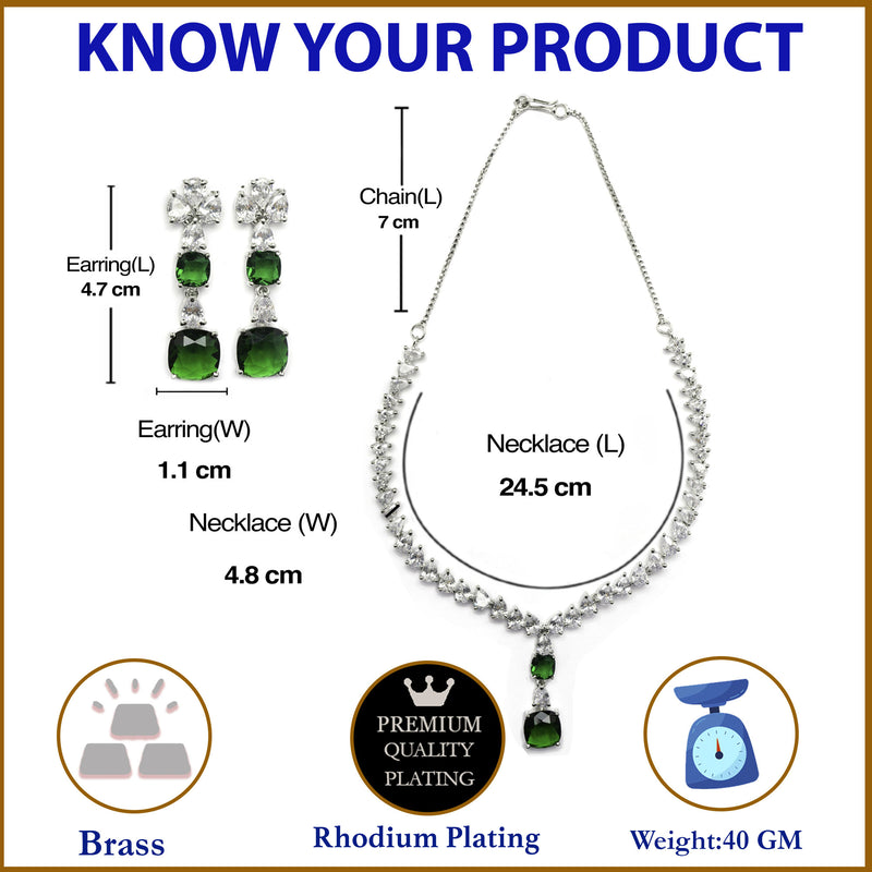Rhodium-Plated Green Square American Diamonds Studded Pendulous Necklace & Earrings Jewellery Set