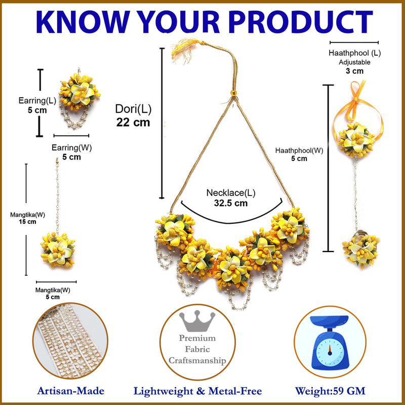 Gold-Plated Yellow-Green Floral White Pearls Beaded Haldi & Mehendi Jewellery Set with Maang Tikka & Haathphool Ring