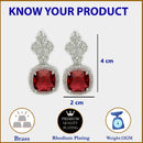 Rhodium Plated Cushion Cut Red American Diamond Contemporary Long Drop Earrings