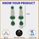 Rhodium Plated with Long Tear Drop Design Green & White American Diamond Drop Earrings