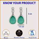 Rhodium Plated Teardrop Sea Green AD Contemporary Drop Earrings
