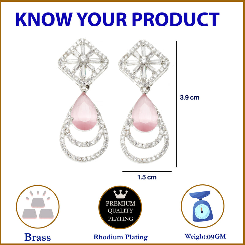 Rhodium-Plated Pink American Diamond studded Handcrafted Teardrop Layered Drop Earrings