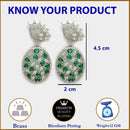 Rhodium Plated Teardrop Green American Diamond Contemporary Long Drop Earrings