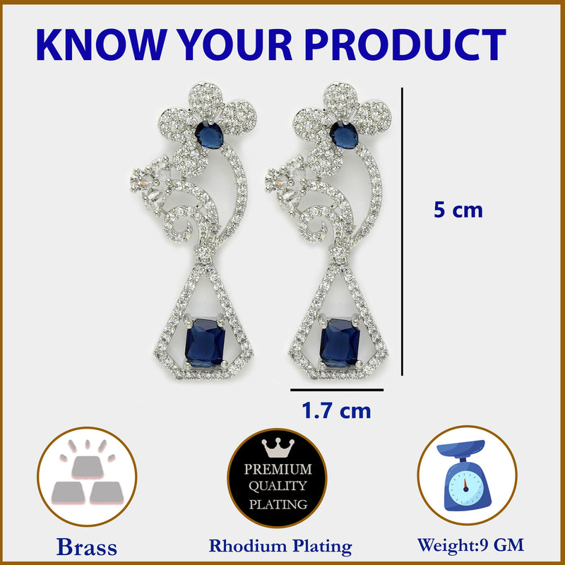Rhodium Plated with Stylish Flower Design Blue & White American Diamond Small Drop Earrings