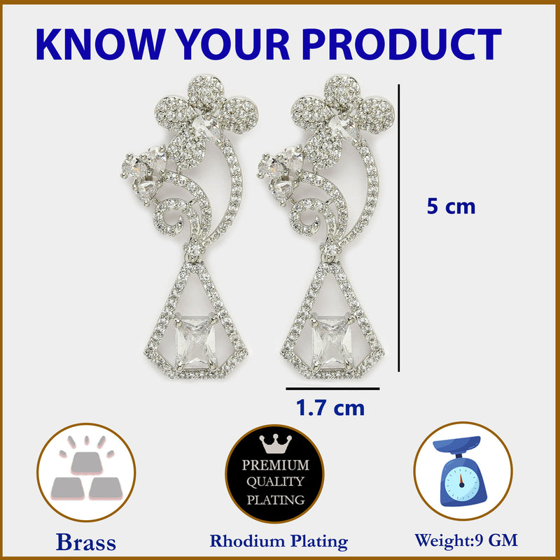 Rhodium Plated with Stylish Flower Design White American Diamond Small Drop Earrings