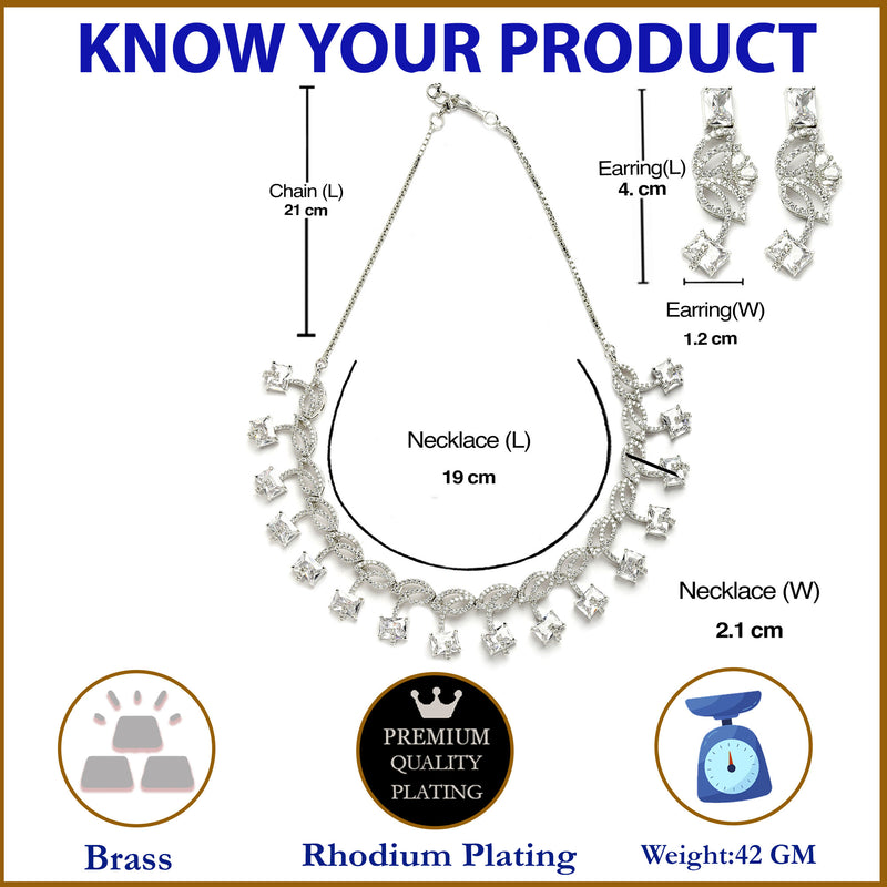 Rhodium-Plated with Silver-Toned Leaf Design White American Diamond Studded Jewellery Set