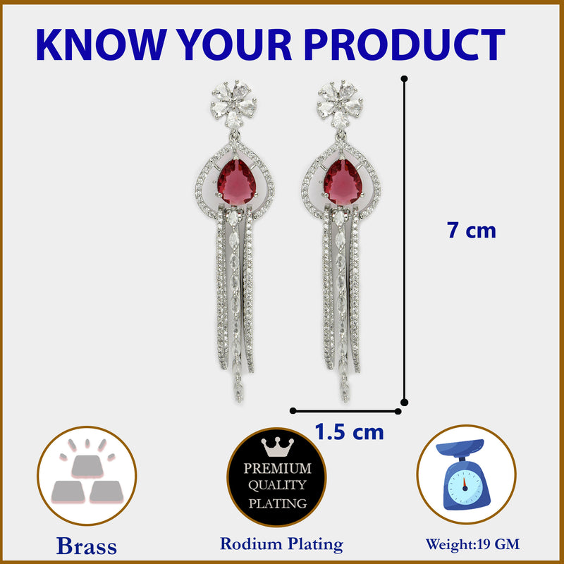 Rhodium Plated with Cluster Design Red & White American Diamond Dangler Earrings