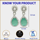 Rhodium Plated with Ocean Blue & White American Diamond Circular & Teardrop Shaped Drop Earrings