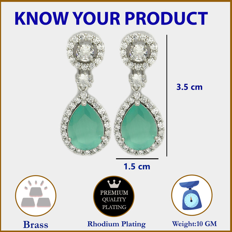 Rhodium Plated with Ocean Blue & White American Diamond Circular & Teardrop Shaped Drop Earrings