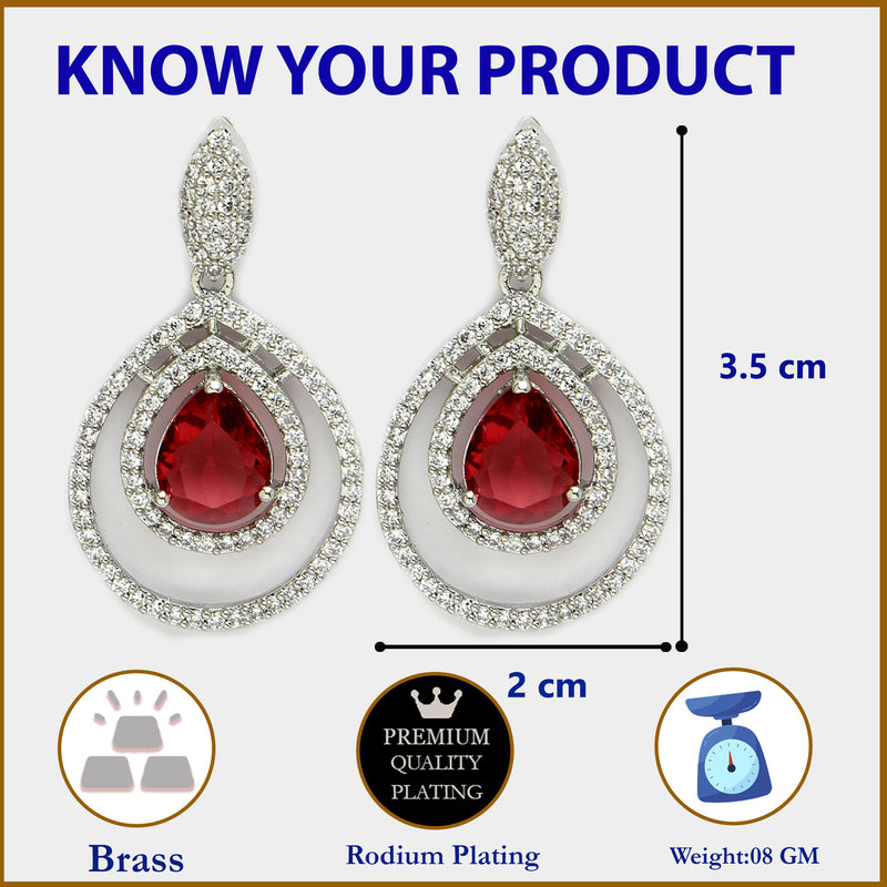 Red American Diamond Stud Earrings – Rhodium Plated Silver Toned Dangle Style