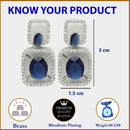 Rhodium Plated with Blue American Diamond Stylish Square Shaped Small Drop Earrings
