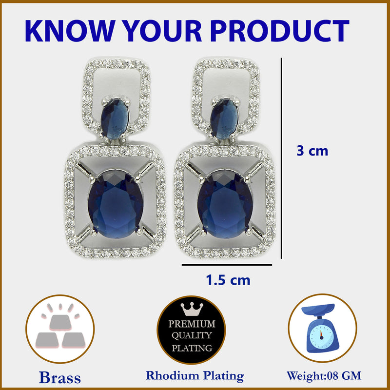 Rhodium Plated with Blue American Diamond Stylish Square Shaped Small Drop Earrings