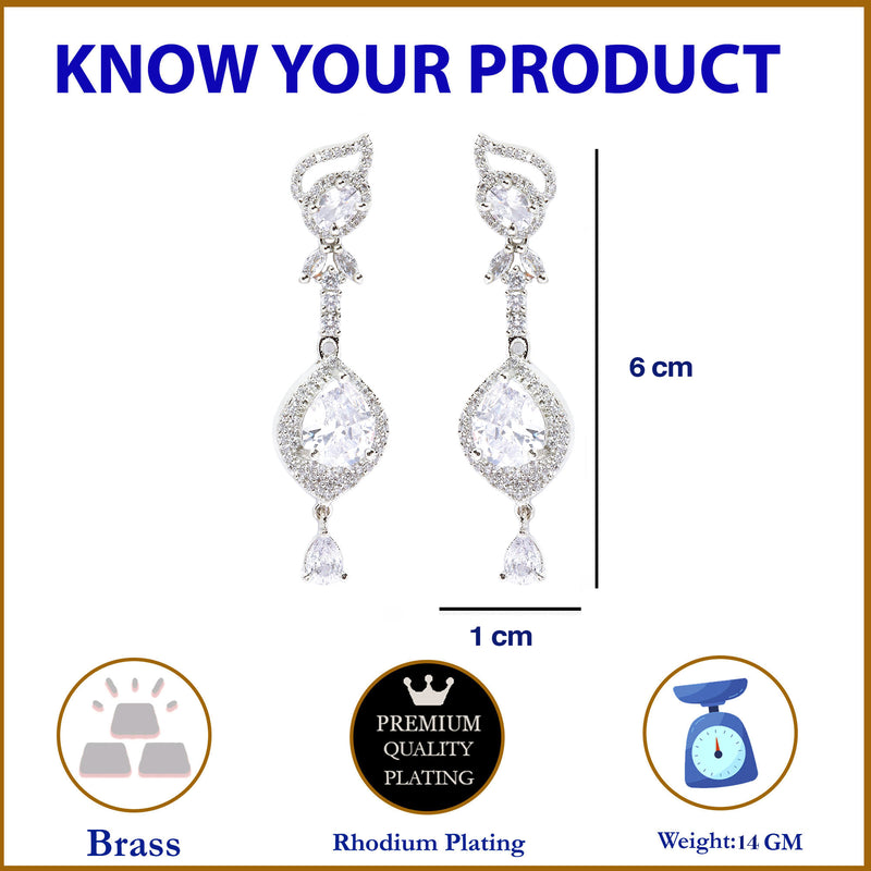 Rhodium-Plated White American Diamond studded Handcrafted Teardrop Drop Earrings