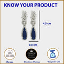 Rhodium Plated Pear Blue American Diamond Contemporary Long Drop Earrings