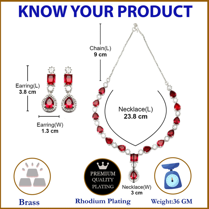 Rhodium-Plated Red American Diamond Studded Fashionable Necklace & Earrings Jewellery Set