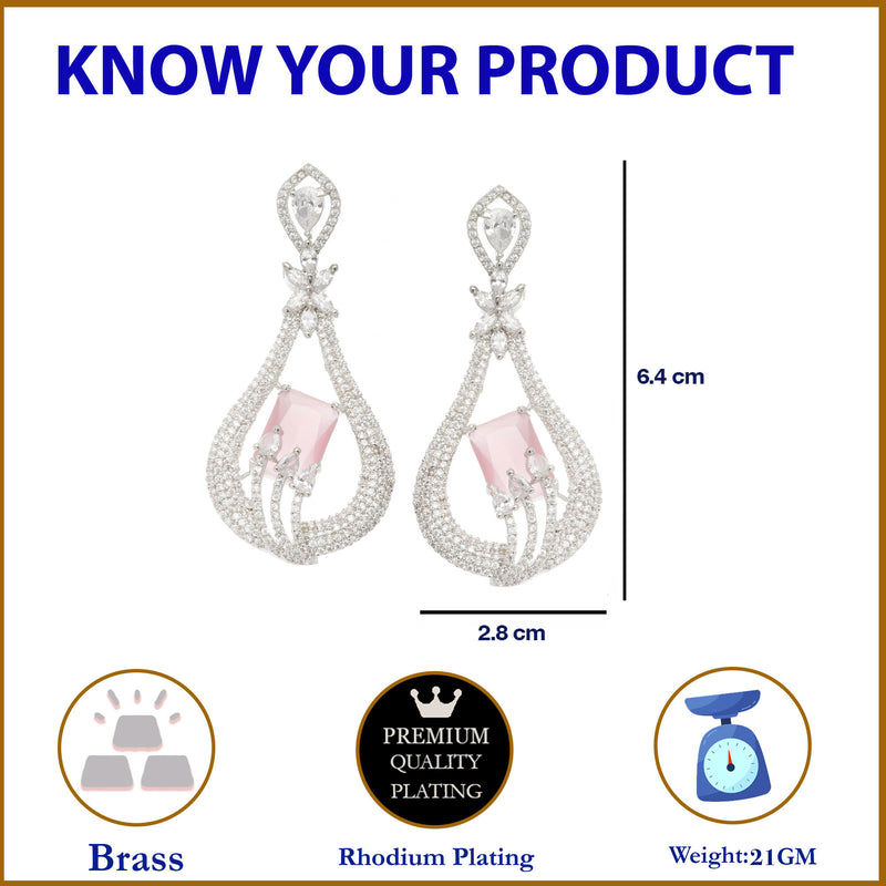 Rhodium-Plated Pink American Diamond studded Handcrafted Quirky Shaped Drop Earrings