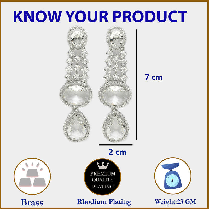Rhodium Plated with Long Tear Drop Design White American Diamond Drop Earrings