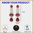 Rhodium Plated with Long Tear Drop Design Red & White American Diamond Drop Earrings