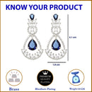 Rhodium Plated Teardrop & Leaf Blue American Diamond Contemporary Long Drop Earrings