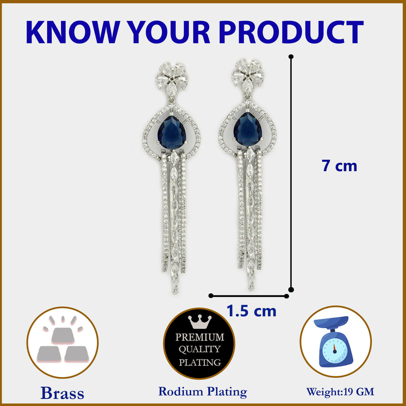 Rhodium Plated with Cluster Design Blue & White American Diamond Dangler Earrings