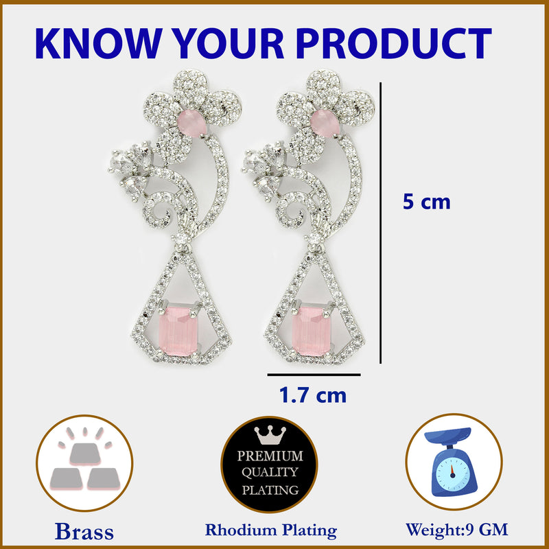 Rhodium Plated with Stylish Flower Design Pink & White American Diamond Small Drop Earrings