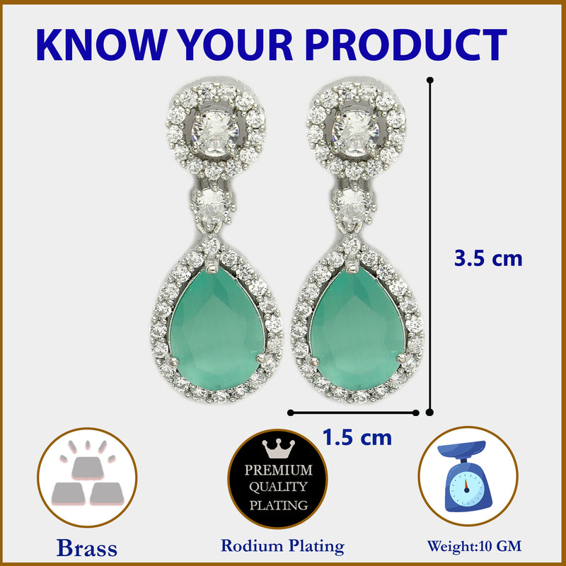 Rhodium Plated with Ocean Blue & White American Diamond Circular & Teardrop Shaped Drop Earrings