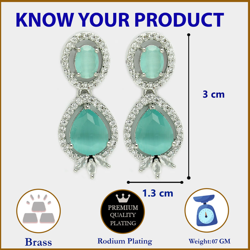 Rhodium Plated with Ocean Blue & White American Diamond Small Drop Earrings