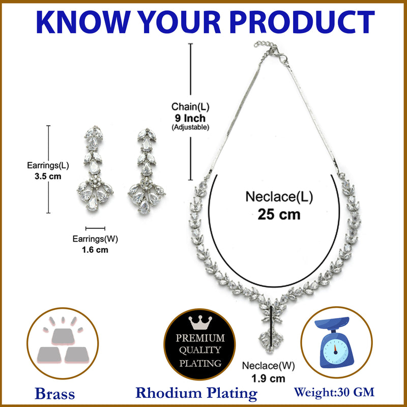 Rhodium Plated Silver Toned Floral Motif White AD Studded Necklace Set & Matching Earrings
