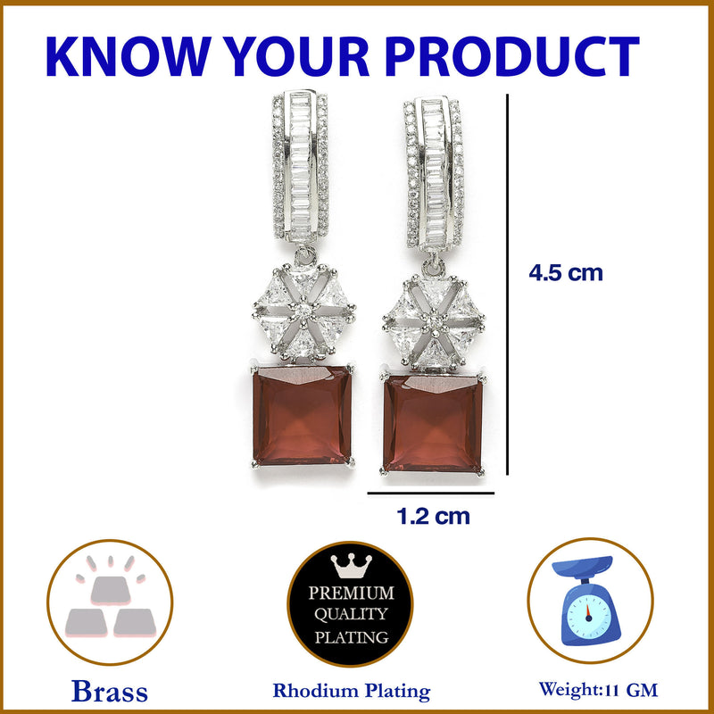 Rhodium-Plated Red American Diamond studded Square & Floral Shaped Drop Earrings
