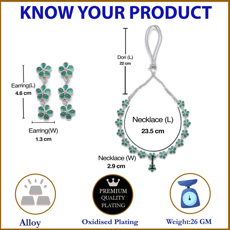 Oxidised Silver-Plated Flower Shaped Green American Diamond Studded Necklace Earrings Jewellery Set