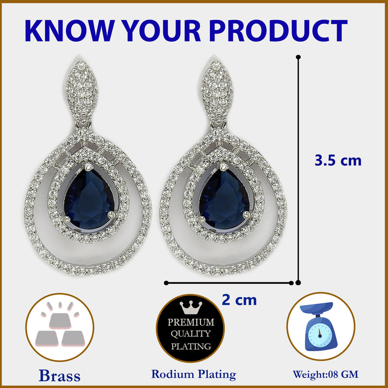 Blue Fancy Dangle Earrings – American Diamond Studded Rhodium Plate