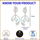 Rhodium-Plated Sea Green American Diamond studded Square & Leaf Shaped Drop Earrings