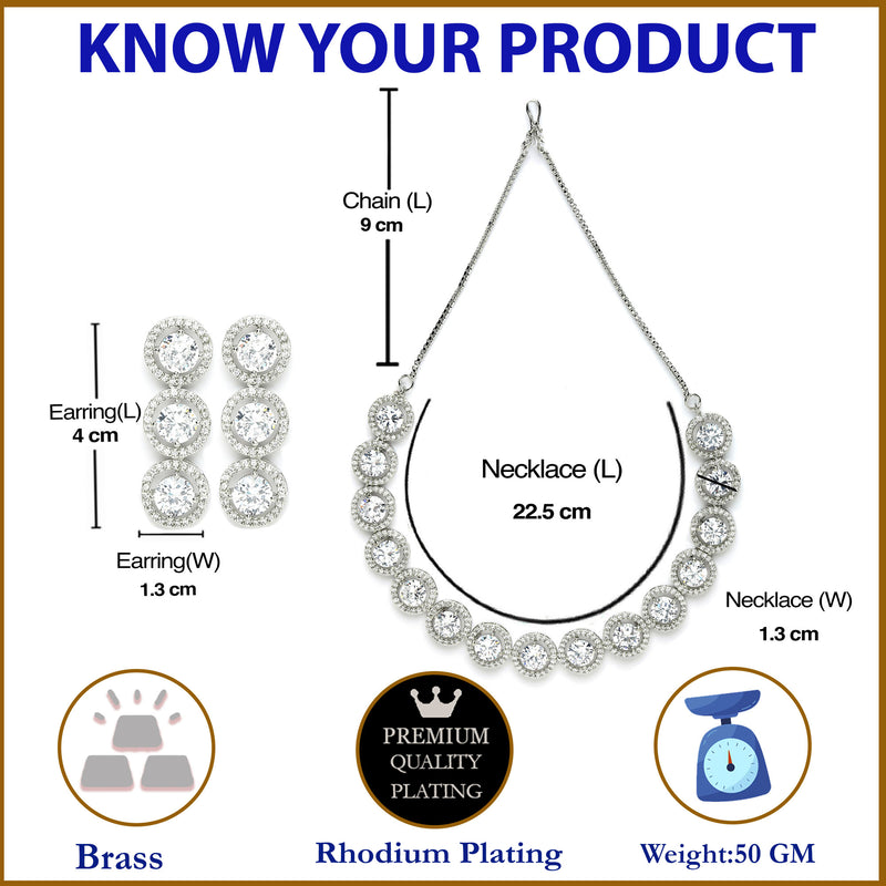 Rhodium-Plated with Silver-Toned Circular Shape White American Diamond Studded Jewellery Set