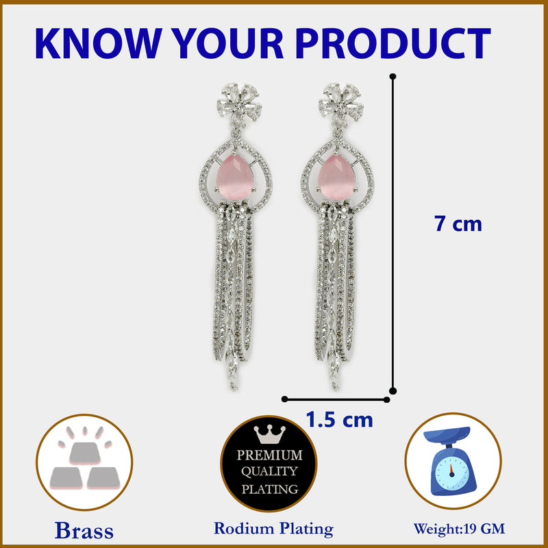 Rhodium Plated with Cluster Design Pink & White American Diamond Dangler Earrings