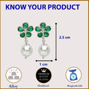 Rhodium Plate Silver Toned Green American Diamond with Pearl Stud Earrings