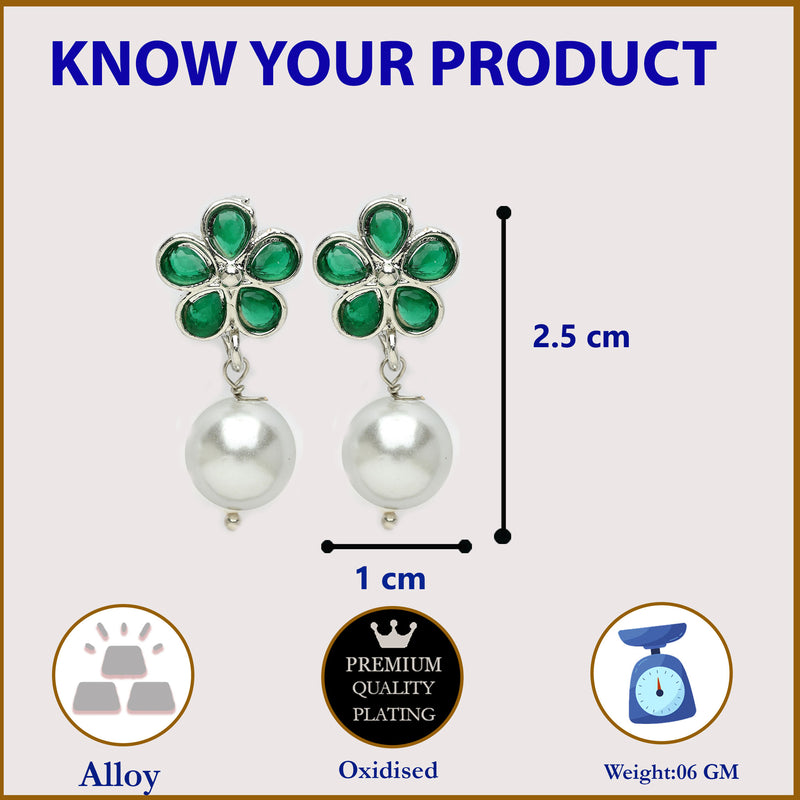 Rhodium Plate Silver Toned Green American Diamond with Pearl Stud Earrings