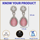 Rhodium Plated with Pink & White American Diamond Circular & Teardrop Shaped Drop Earrings