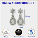 Rhodium Plated Silver Toned White American Diamond Drop Earrings
