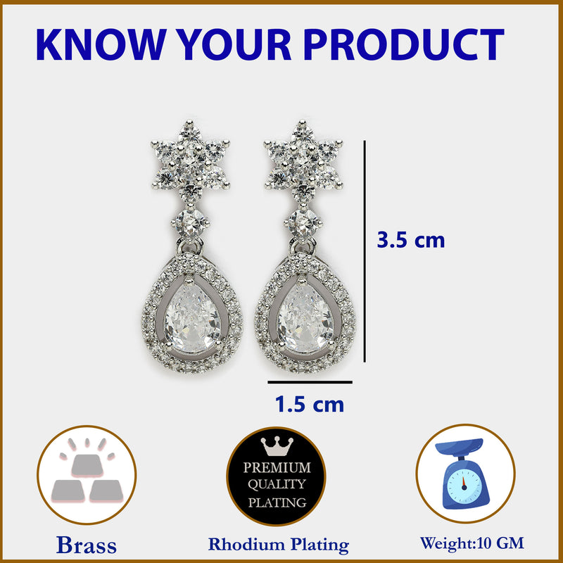 Rhodium Plated Silver Toned White American Diamond Drop Earrings