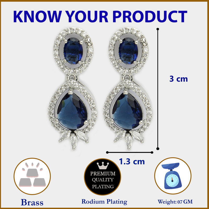 Rhodium Plated with Blue & White American Diamond Small Drop Earrings