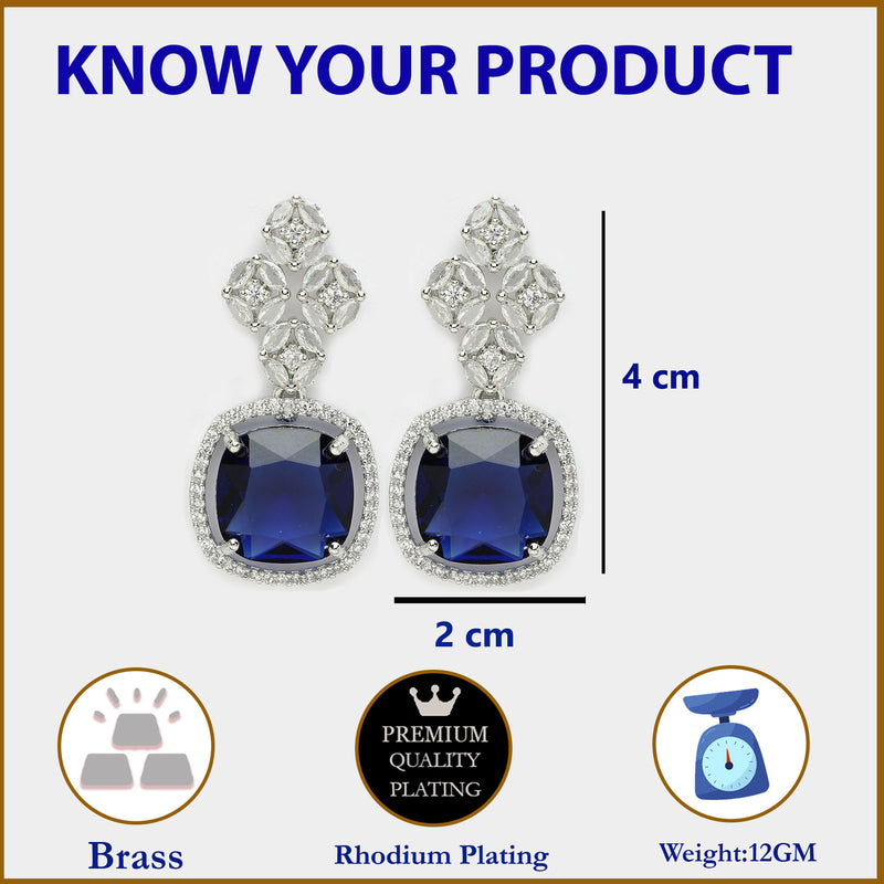Rhodium Plated Silver Toned with Blue American Diamond Small Drop Earrings