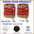 Gold-Plated Red Matte Finish Velvet American Diamond Studded Gold Pearl Tasselled Bangles Set Of 56