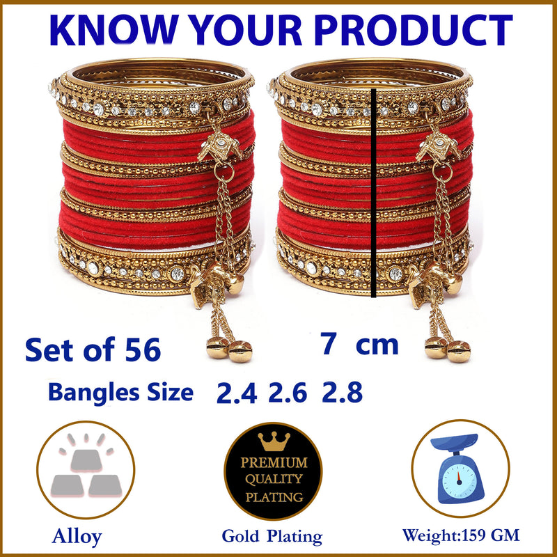 Gold-Plated Red Matte Finish Velvet American Diamond Studded Gold Pearl Tasselled Bangles Set Of 56