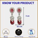 Rhodium Plated Silver Toned with Red American Diamond Small Drop Earrings
